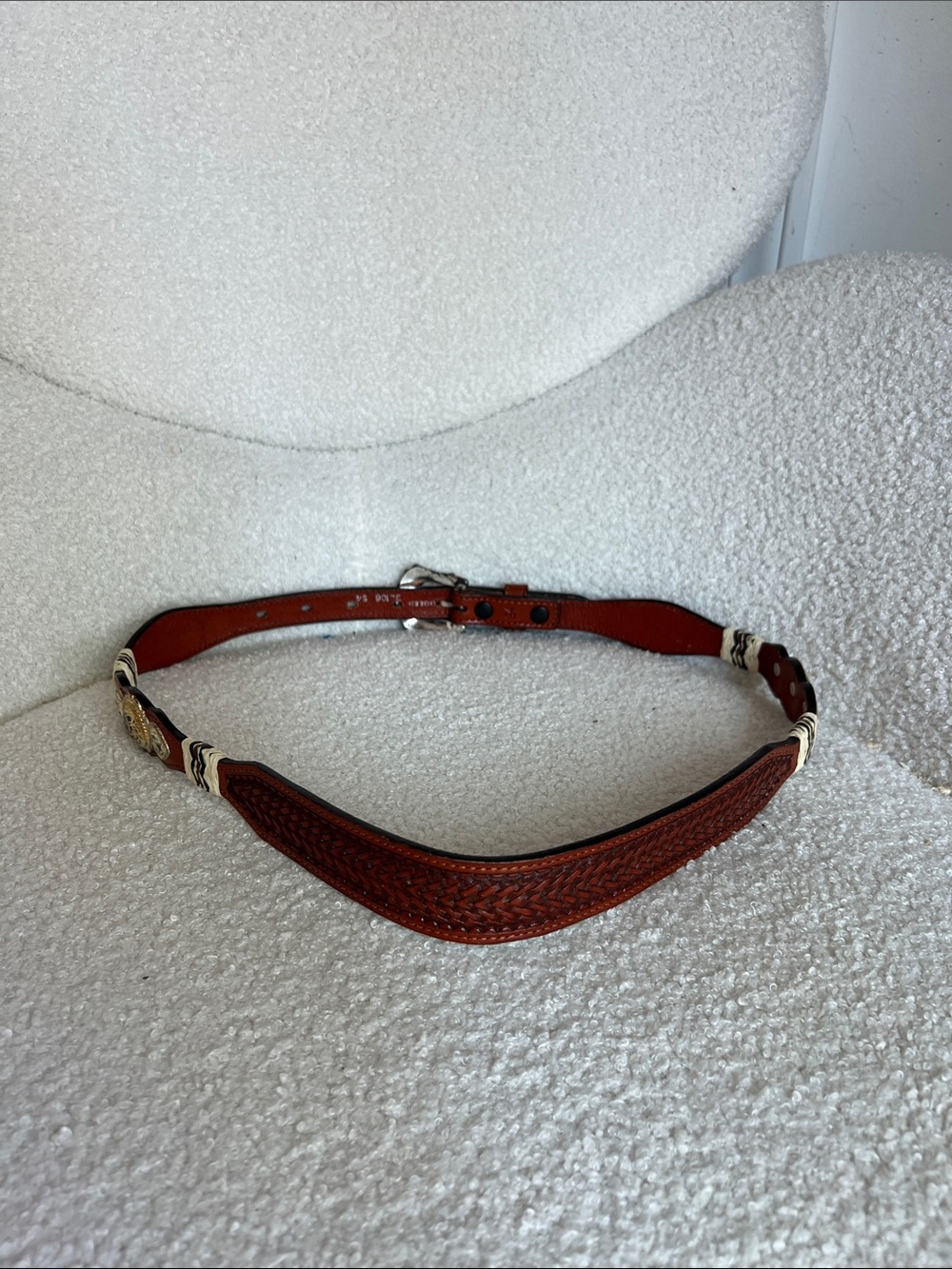 Braided Brown Leather Belt with Decorative Silver Conchos - Picture 3 of 4